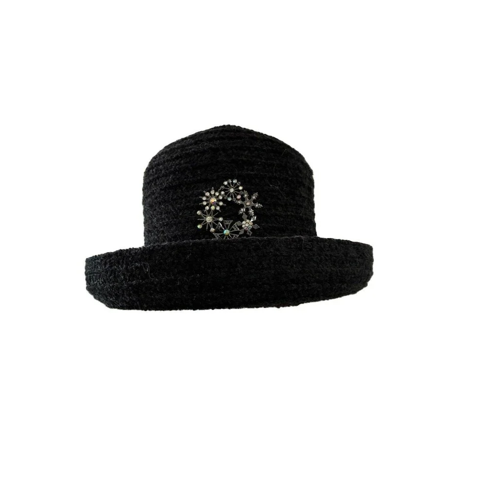Vintage Betmar New York Black Bowler Hat Women's One Size Rhinestone Brooch